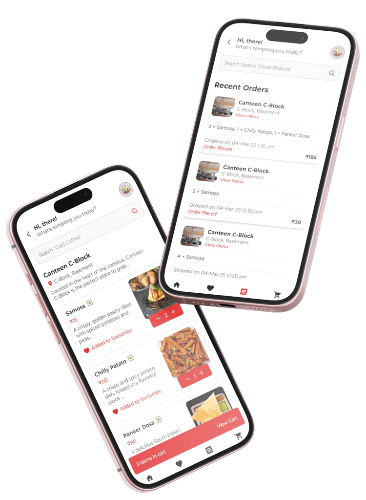 CanteenPe App Interface showing food ordering screen